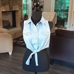 Toska Blue with White Lace and Tie Front Crop Top